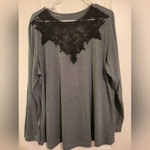 SHEIN Charcoal Long Sleeve Top with Black Lace Accent